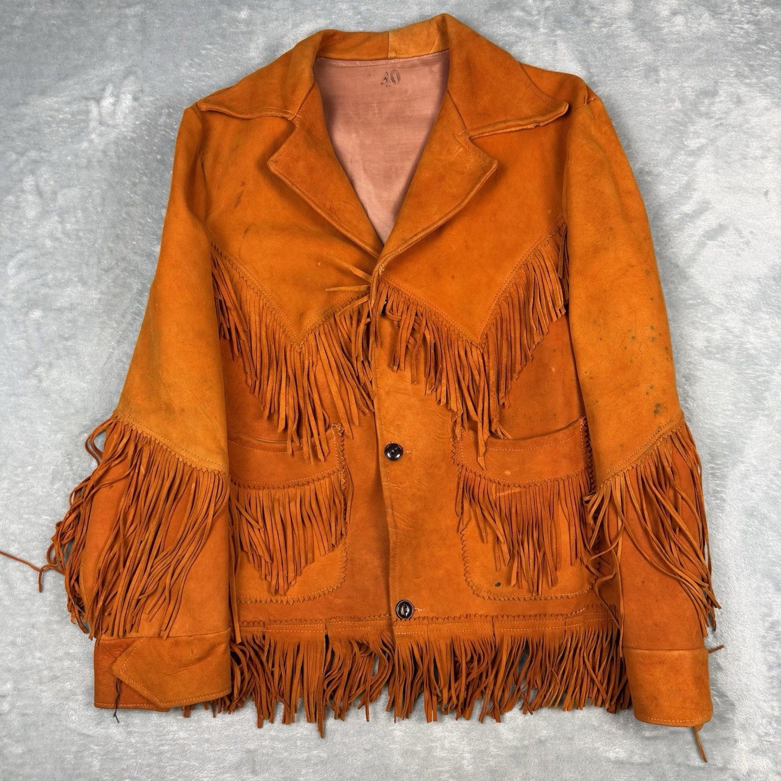 Vintage 70s Handmade Orange Suede Leather Fringe Western Jacket Women’s Size 40
